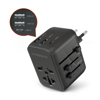 WorldCharge universal travel adapter with USB-C, black HyperGear multiport charger on Tampa Home & Garden Store
