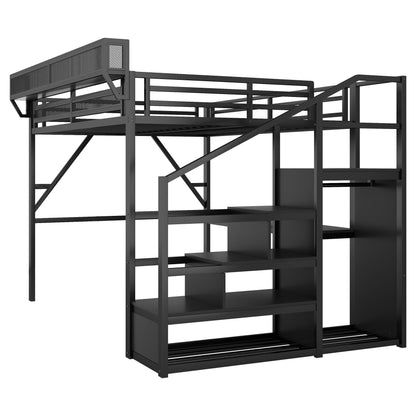 Loft bed with desk and charging station in black metal with stairs and light on Tampa Home & Garden Store