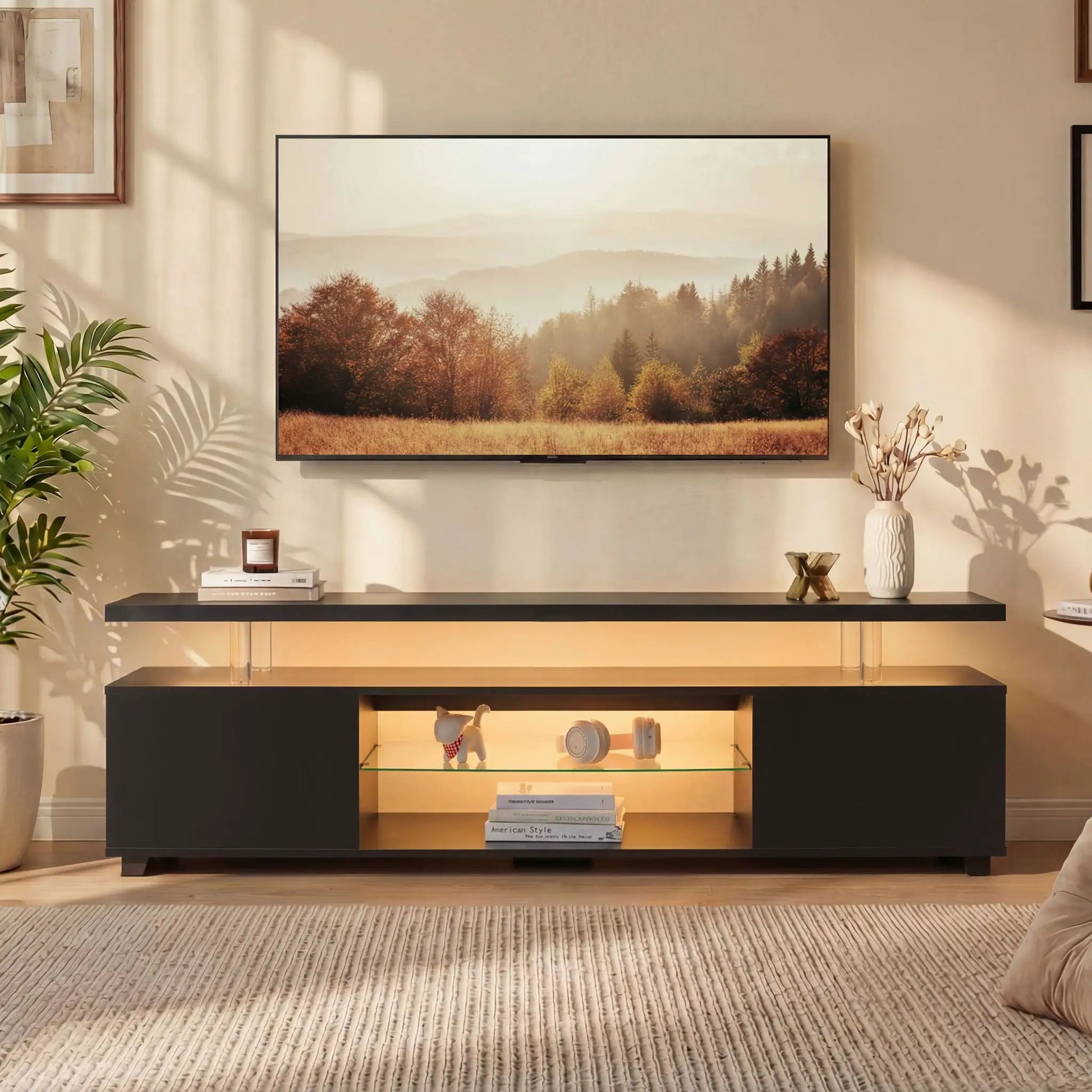 Unique Piece Furniture TV stand with LED lighting, black finish, large side cabinet on Tampa Home & Garden Store