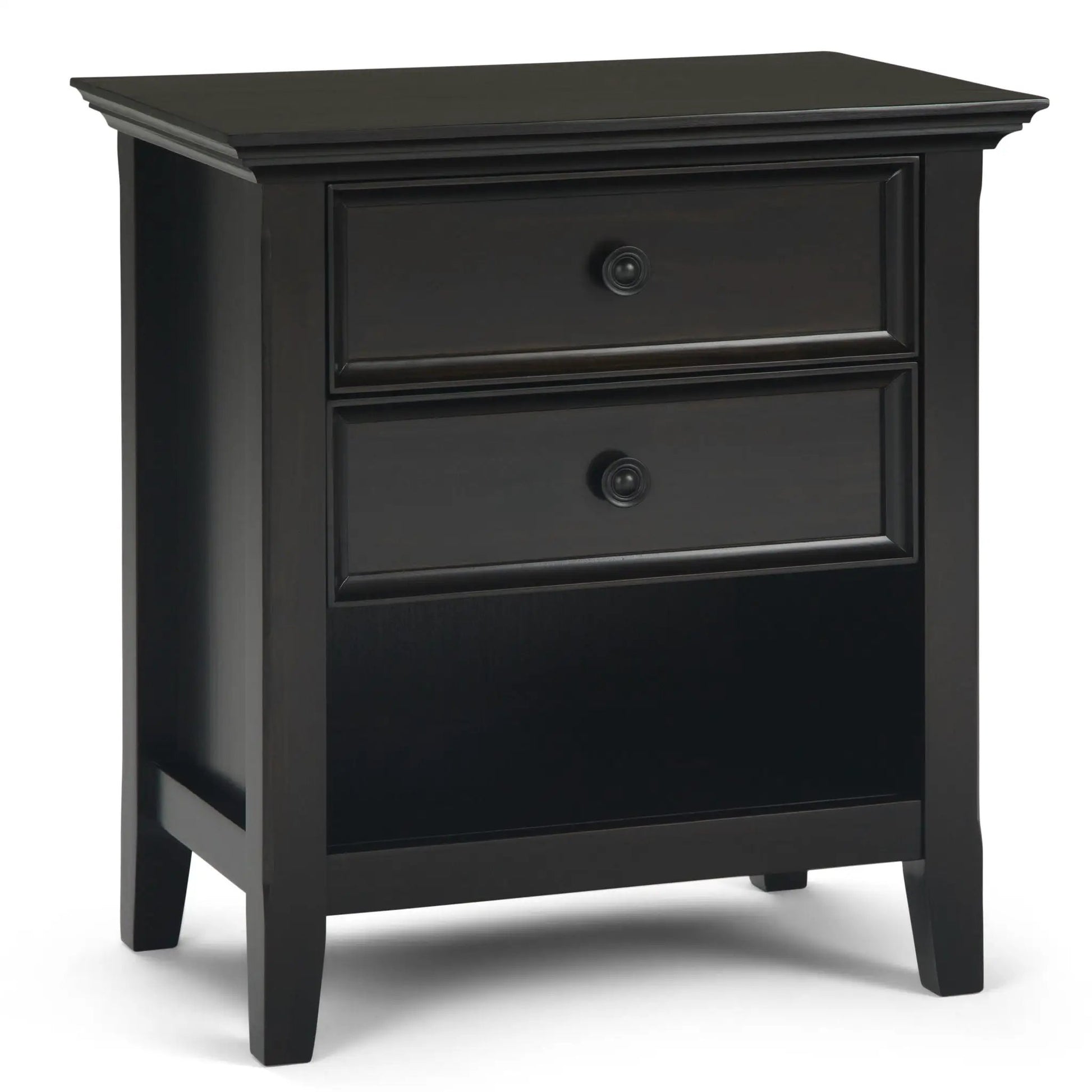 Amherst Bedside Table, Handcrafted black wood with three drawers and round knobs on Tampa Home & Garden Store