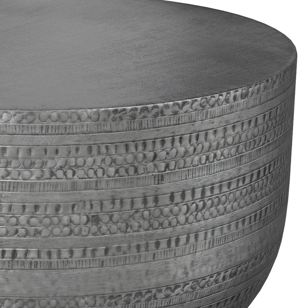 Handcrafted metal coffee table with textured stacked banding in a silver-gray finish on Tampa Home & Garden Store