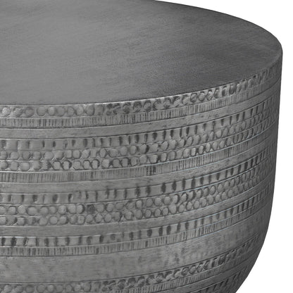 Handcrafted metal coffee table with textured stacked banding in a silver-gray finish on Tampa Home & Garden Store