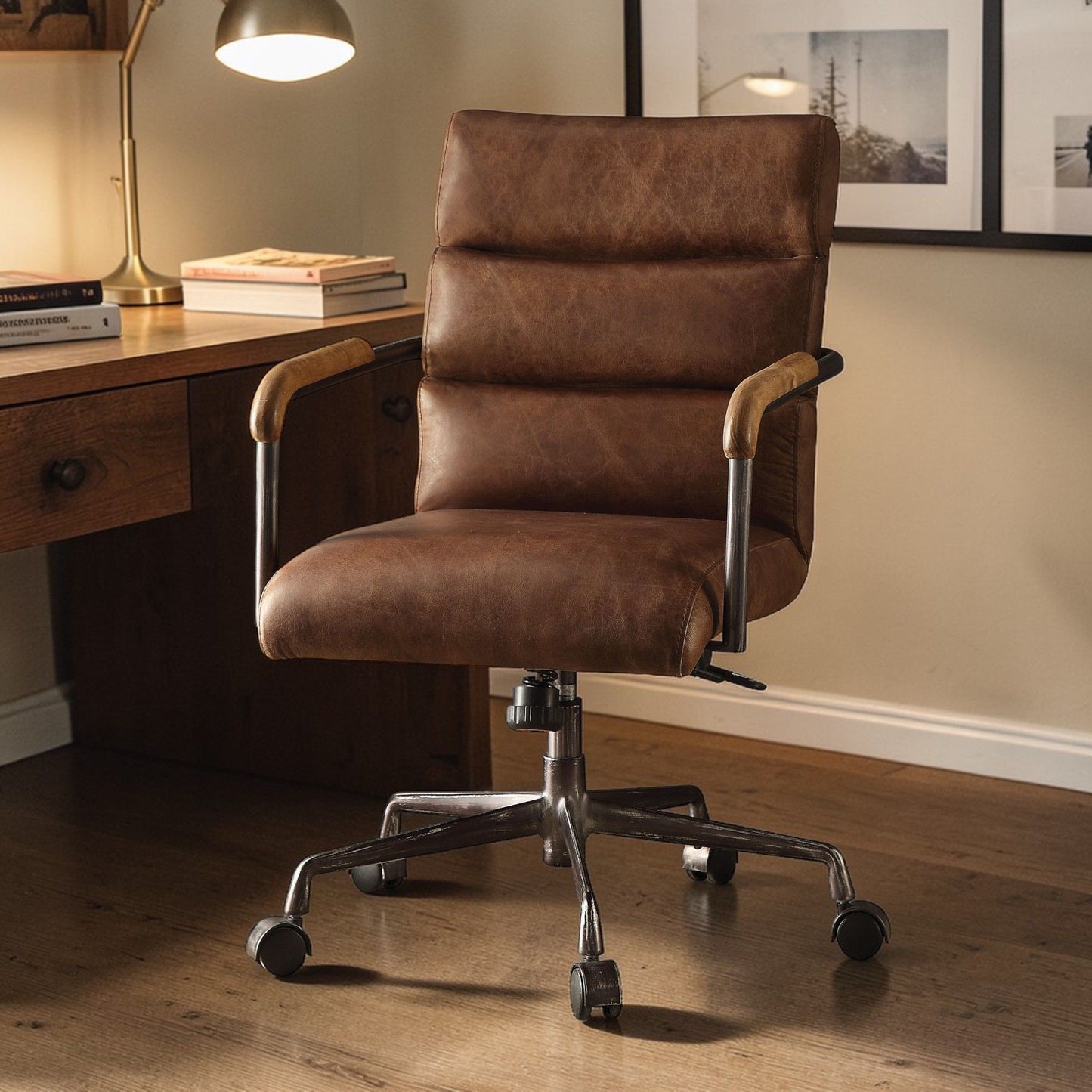 Harith Retro Top Grain Office Chair HouseOfZazla brown leather swivel chair with metal base on Tampa Home & Garden Store
