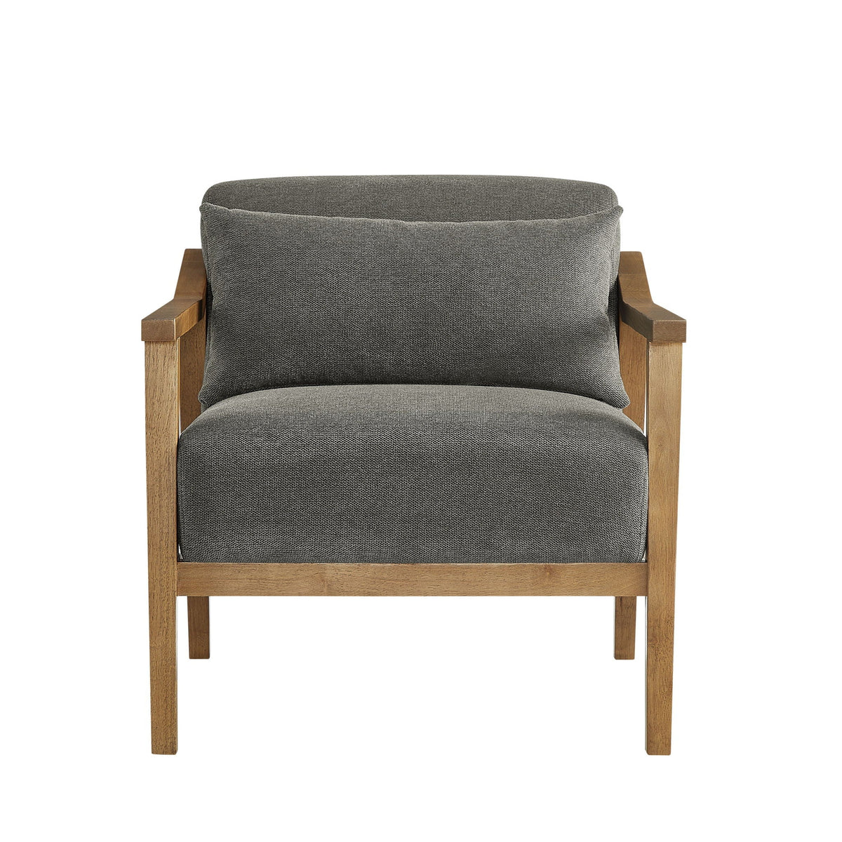 Arm Accent Chair with Lumbar Pillow in dark gray textured fabric with exposed wood arms on Tampa Home & Garden Store