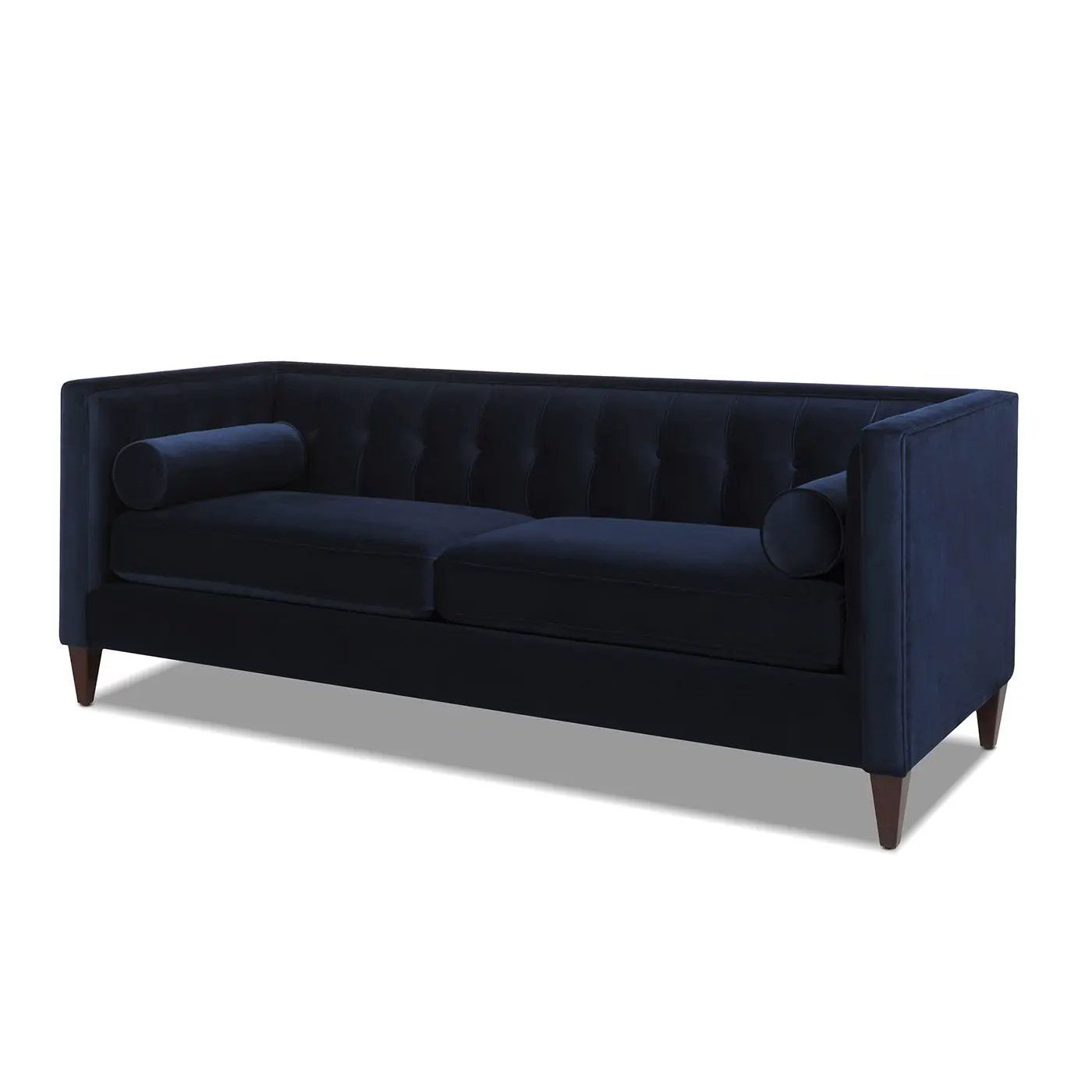 Jack - Modern Tuxedo Tufted Sofa, navy velvet, tufted back, square arms, 2 bolster pillows on Tampa Home & Garden Store