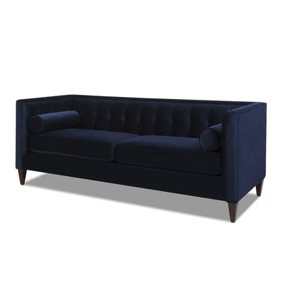 Jack - Modern Tuxedo Tufted Sofa, navy velvet, tufted back, square arms, 2 bolster pillows on Tampa Home & Garden Store