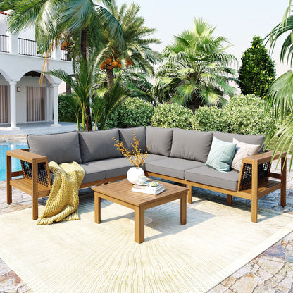 4-piece outdoor acacia wood sofa set with coffee table and gray cushions on Tampa Home & Garden Store