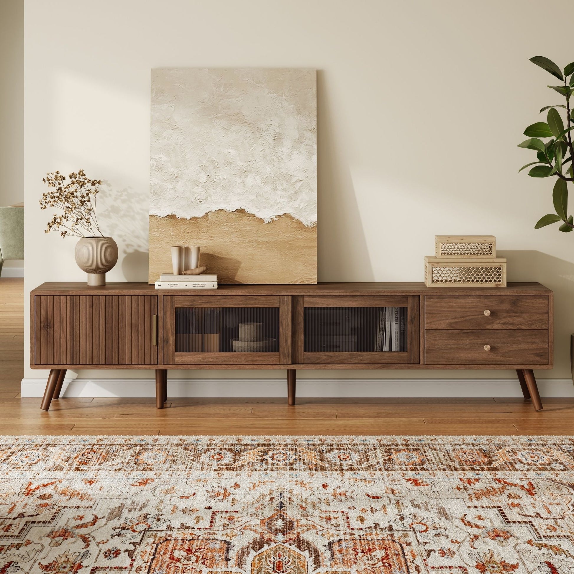 Doors TV Stand for TVs up to 85 inches in natural wood finish with storage cabinets and drawers by HouseOfZazla on Tampa Home & Garden Store