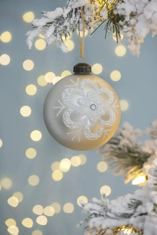 Christmas ball ornament white with glitter snowflake and crystal center, hangs from ribbon on Tampa Home & Garden Store