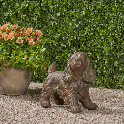 Josie Dog Cast Stone Garden Statue set of 3 brown textured dogs beside flowering pot on Tampa Home & Garden Store