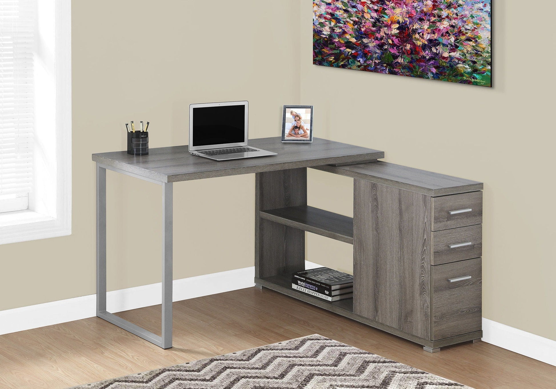 L-Shape Computer Desk with Storage Drawers gray wood finish metal frame HouseOfZazla on Tampa Home & Garden Store
