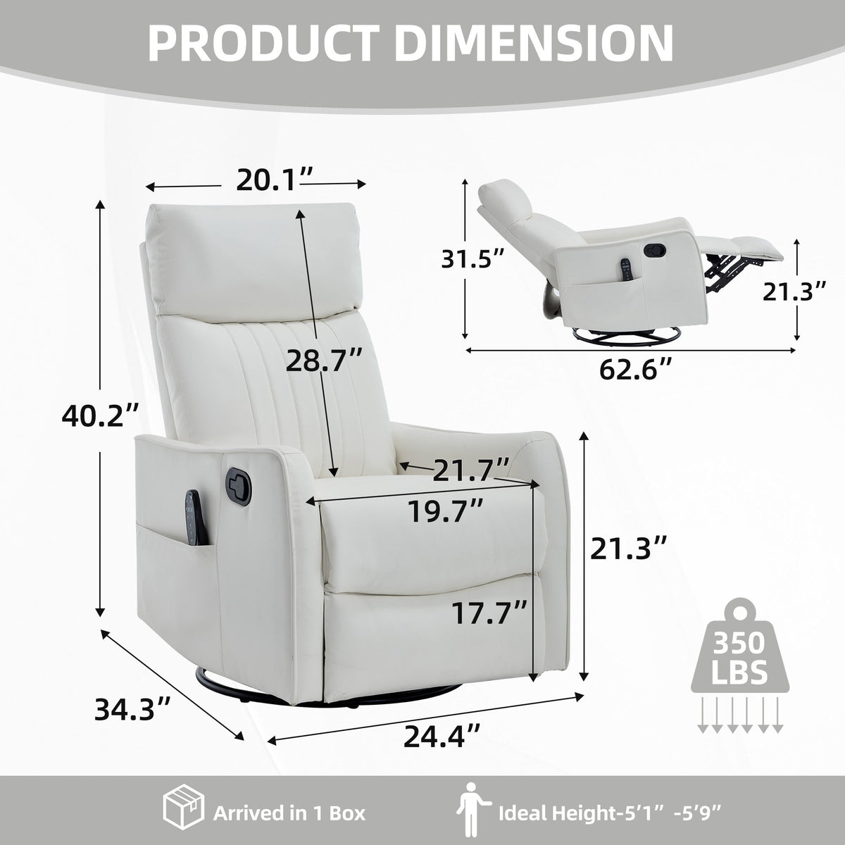 White Heat Massage Manual Recliner Chair with Rocker and Swivel by HouseOfZazla, 62.6in wide on Tampa Home & Garden Store