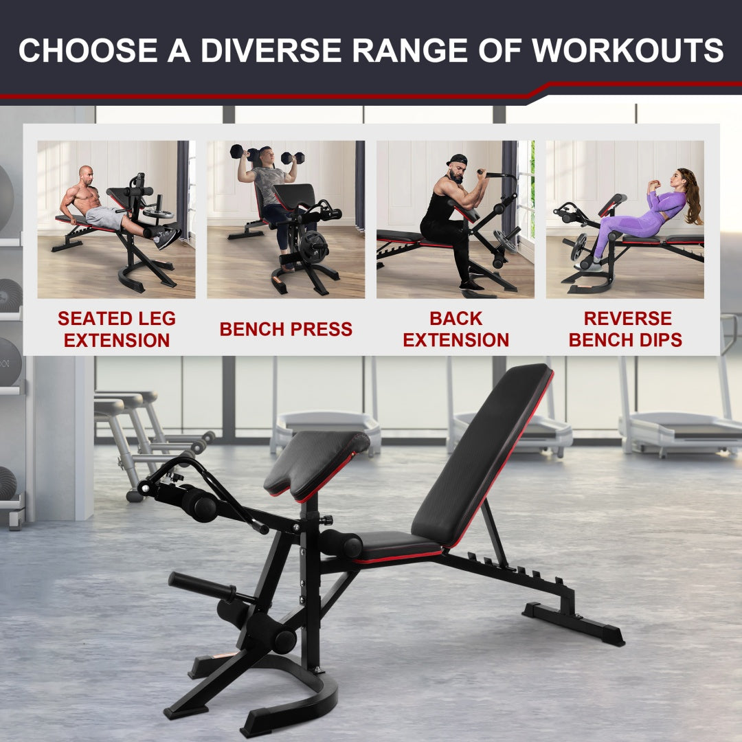 Adjustable weight bench set by UpTrend Deals with black frame and red padding on Tampa Home & Garden Store