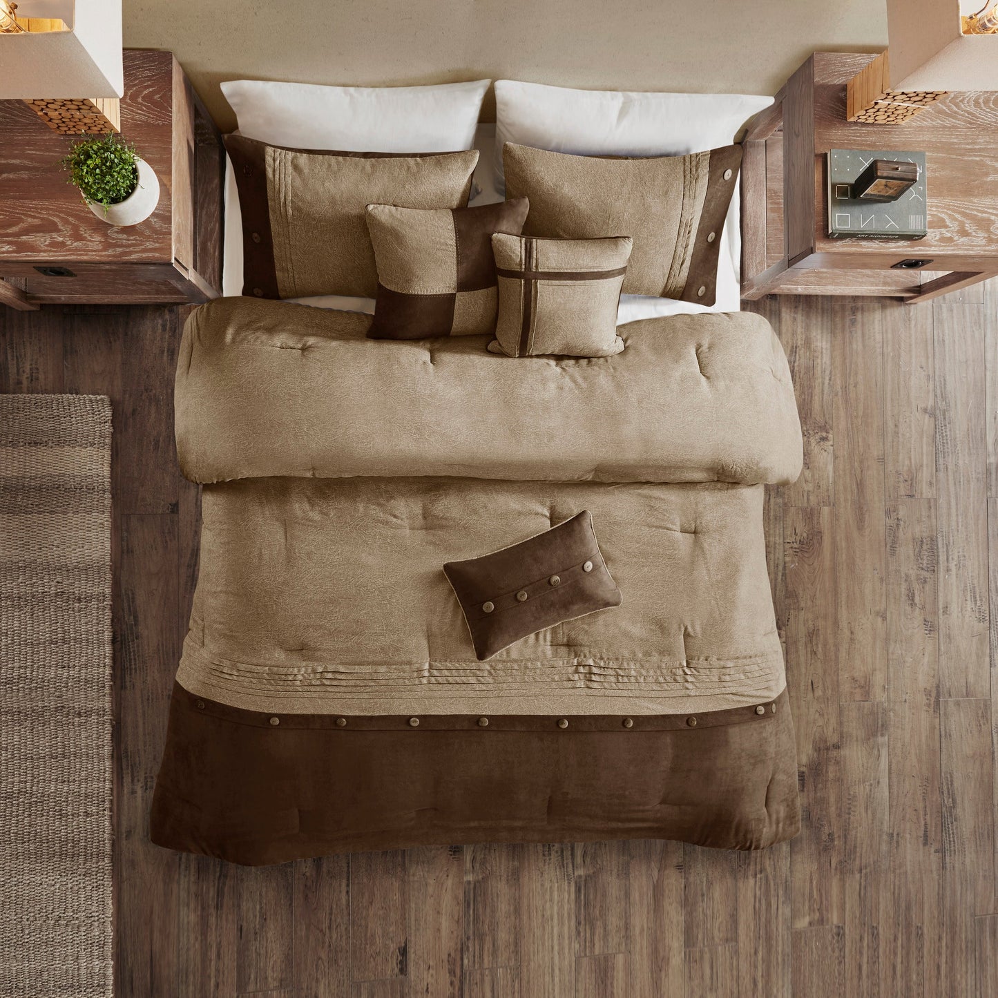 7-piece faux suede comforter set brown Cal King with shams on Tampa Home & Garden Store
