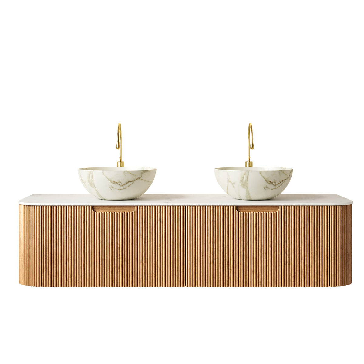 Dina 60in bathroom vanity with marble vessel sinks and gold faucets on a copper ribbed base on Tampa Home & Garden Store