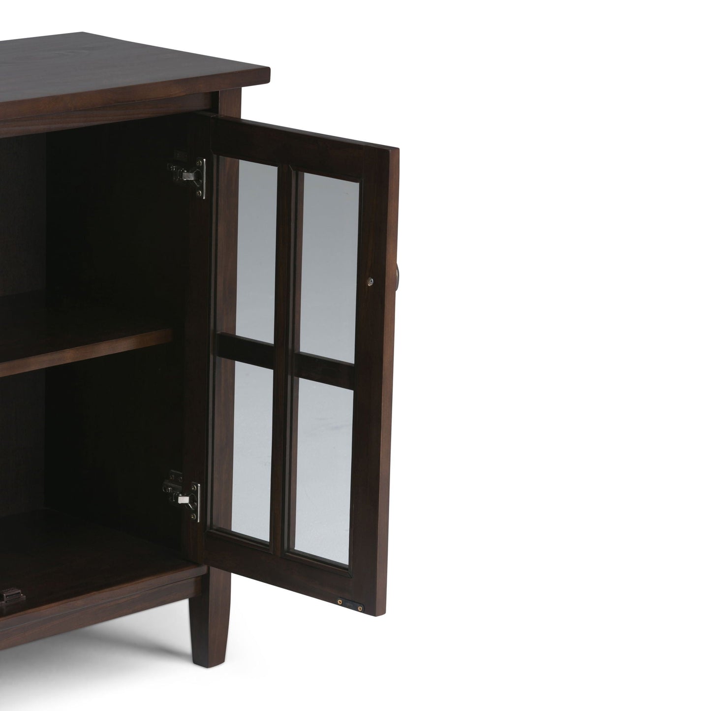 Warm Shaker handcrafted low storage cabinet in dark espresso with glass-pane doors on Tampa Home & Garden Store