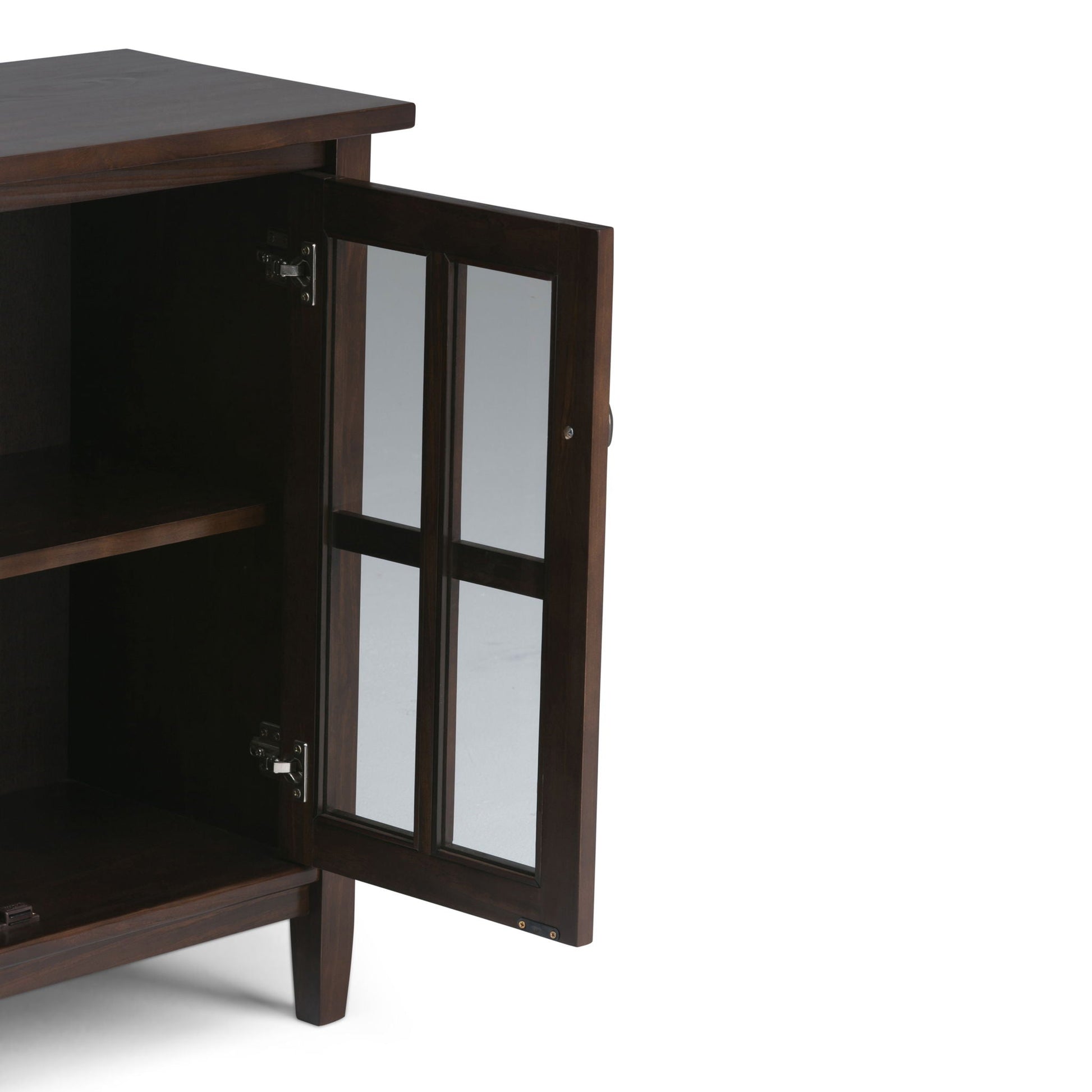 Warm Shaker handcrafted low storage cabinet in dark espresso with glass-pane doors on Tampa Home & Garden Store