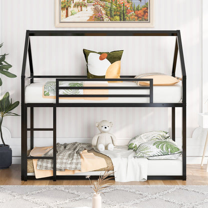 House Bunk Bed With Built In Ladder by HouseOfZazla, black metal 2-tier bunk with bedding on Tampa Home & Garden Store