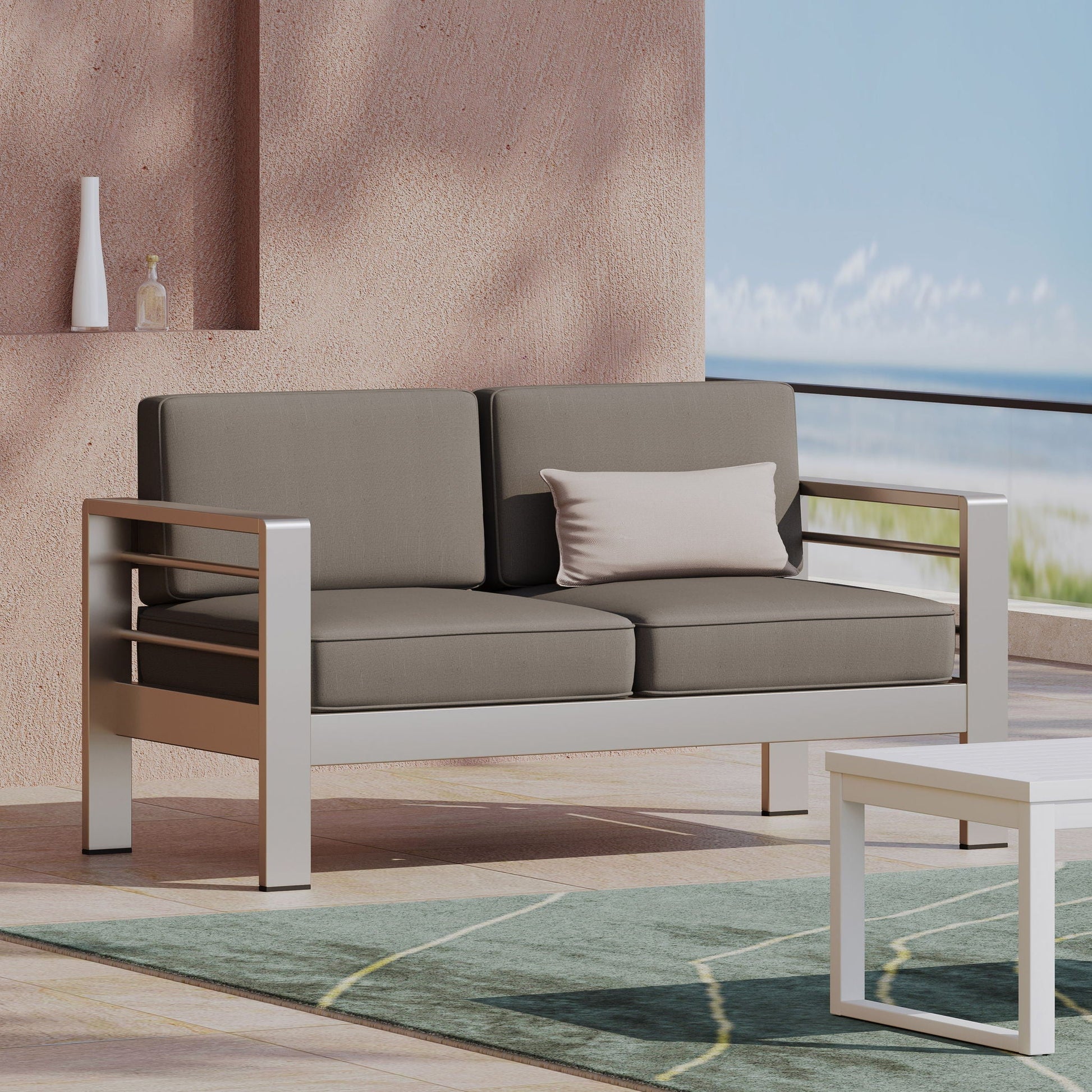 Outdoor aluminum loveseat with gray cushions by HouseOfZazla on Tampa Home & Garden Store