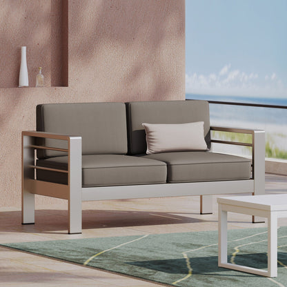 Outdoor aluminum loveseat with gray cushions by HouseOfZazla on Tampa Home & Garden Store