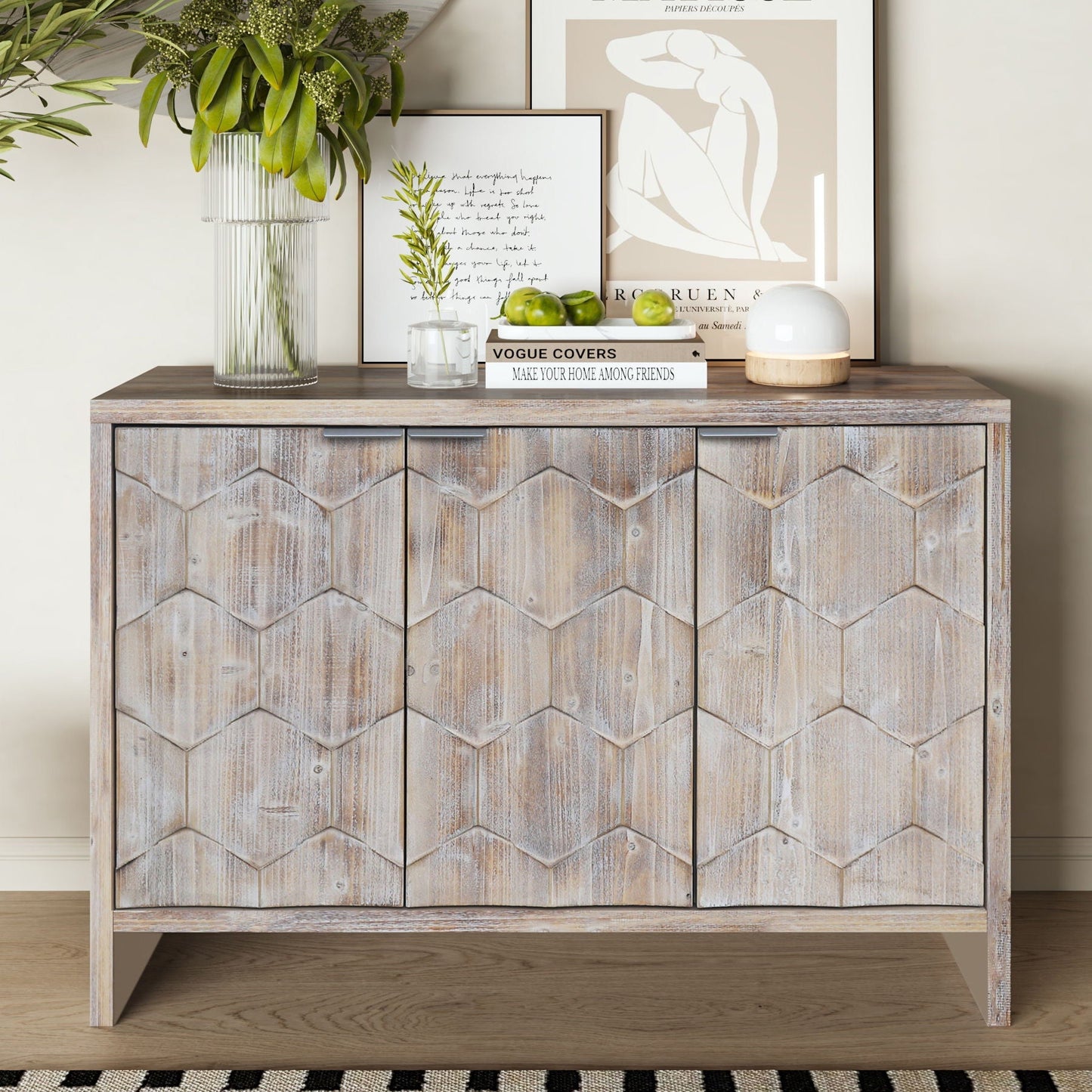 Accent Cabinet Farmhouse 4-Door Wooden Sideboard in distressed light wood with top decor on Tampa Home & Garden Store