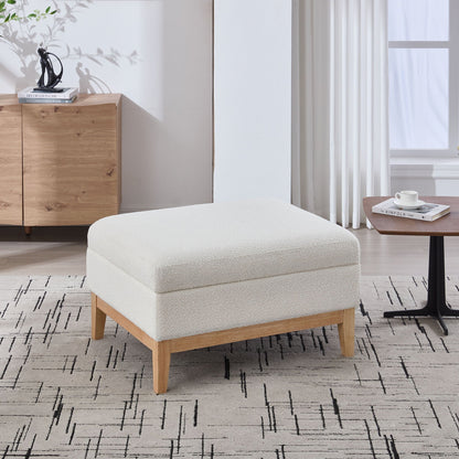 Upholstered storage ottoman with reversible lid in cream fabric and wood legs on Tampa Home & Garden Store