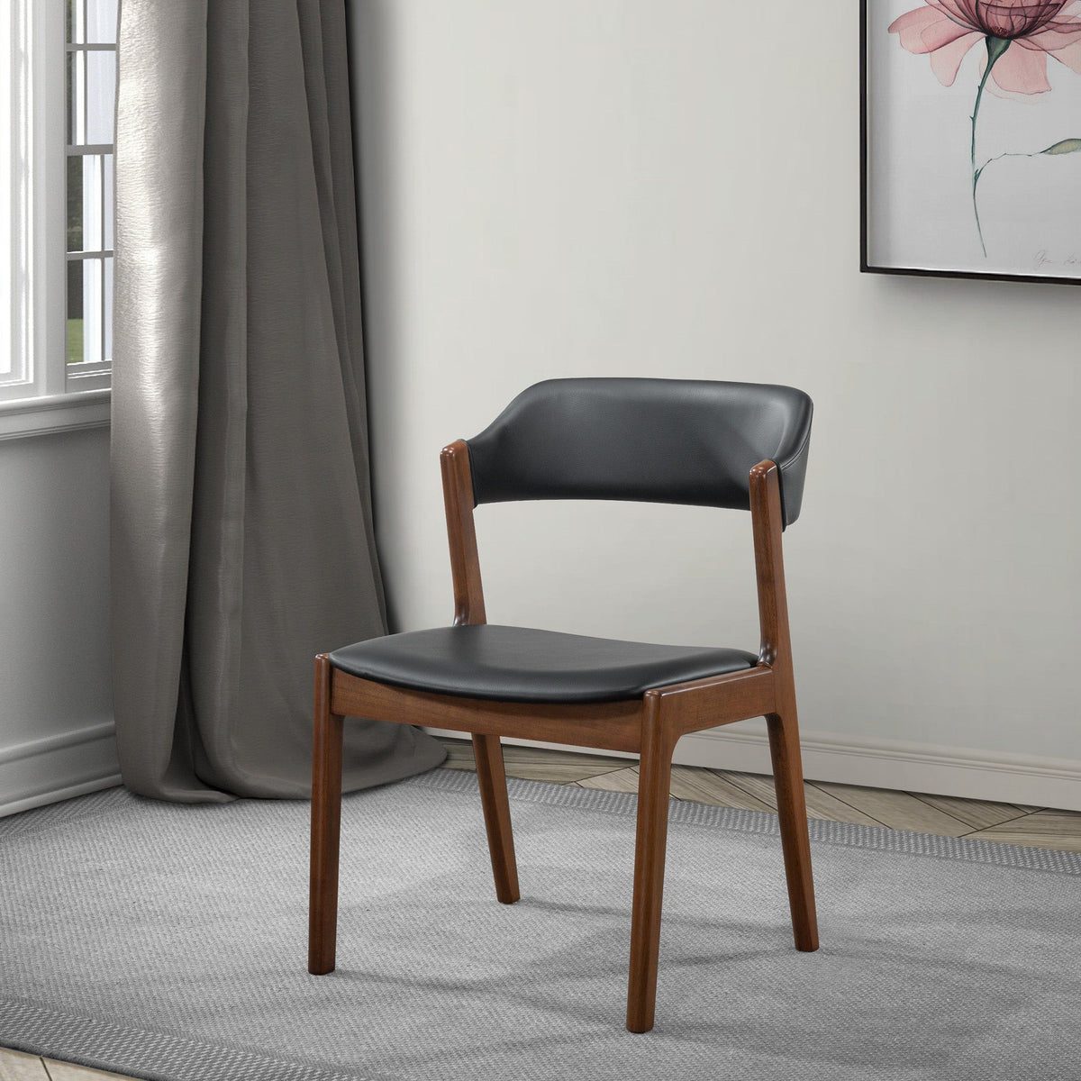 Enzo dining chairs set of 2 in black vegan leather with brown wood legs on Tampa Home & Garden Store