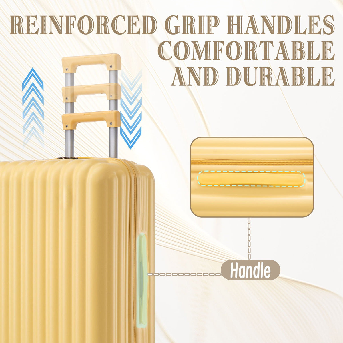 Gold hard-shell 3-piece spinner luggage set with extendable handles on Tampa Home & Garden Store