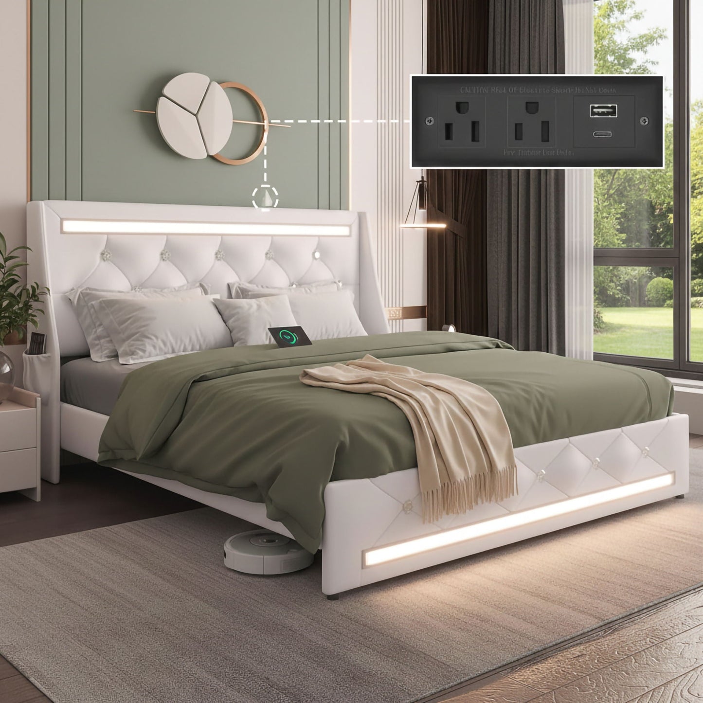 Wingback Upholstered Bed Frame Led and Usb