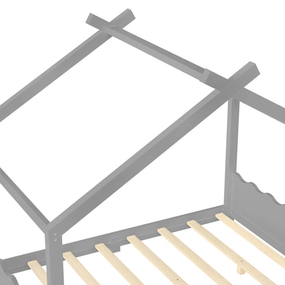 Full House Floor Bed with Support Slats by HouseOfZazla, gray frame with natural wood slats on Tampa Home & Garden Store