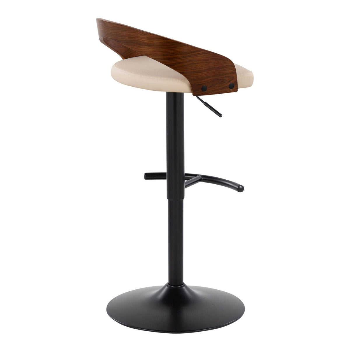 Barstool set beige cushioned seat with wood backrest, swivel and footrest on black pedestal on Tampa Home & Garden Store