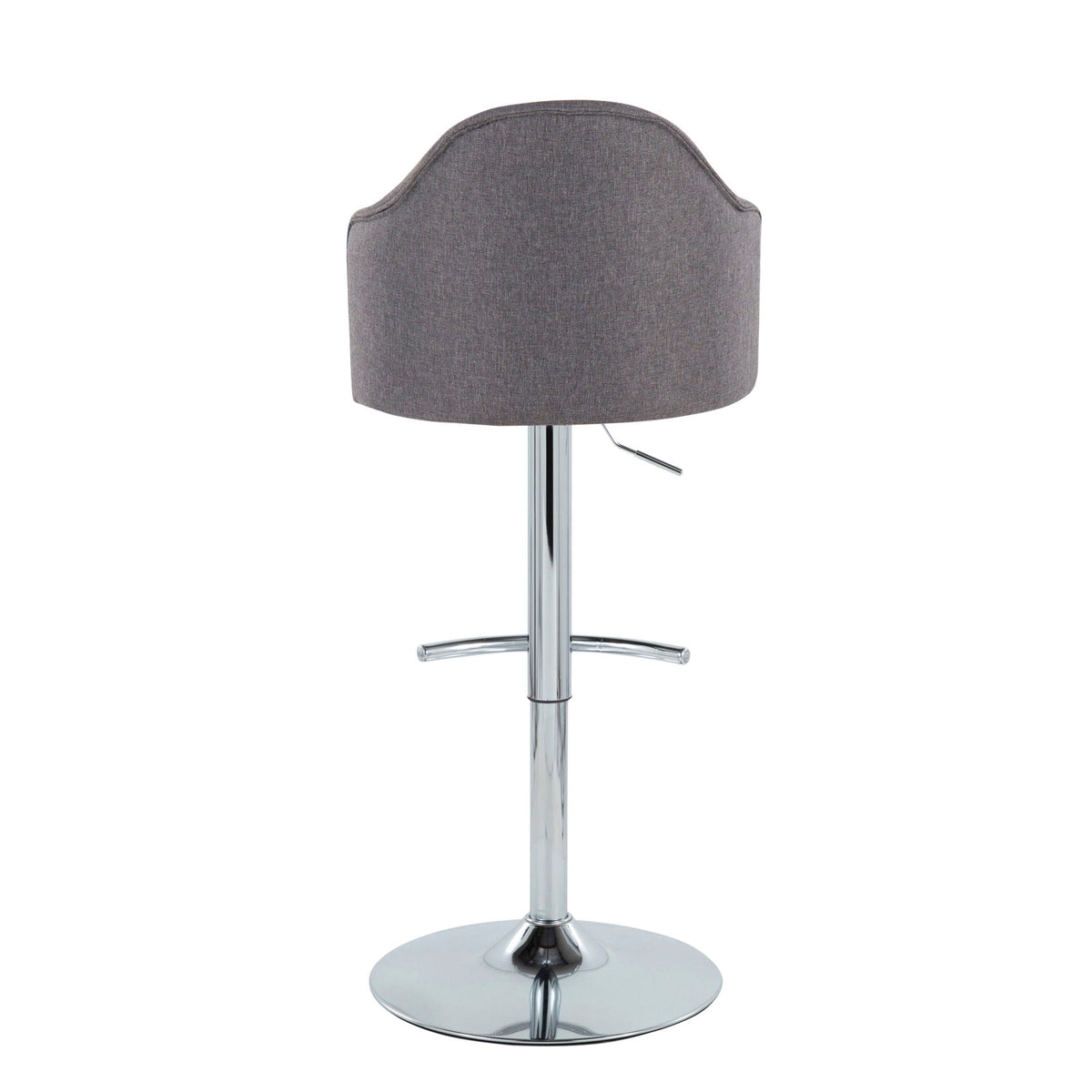 Gray fabric adjustable barstool with swivel, rounded back, and chrome pedestal base on Tampa Home & Garden Store