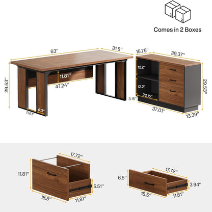 L-shaped executive corner desk with file cabinet by HouseOfZazla in brown/black, two boxes on Tampa Home & Garden Store