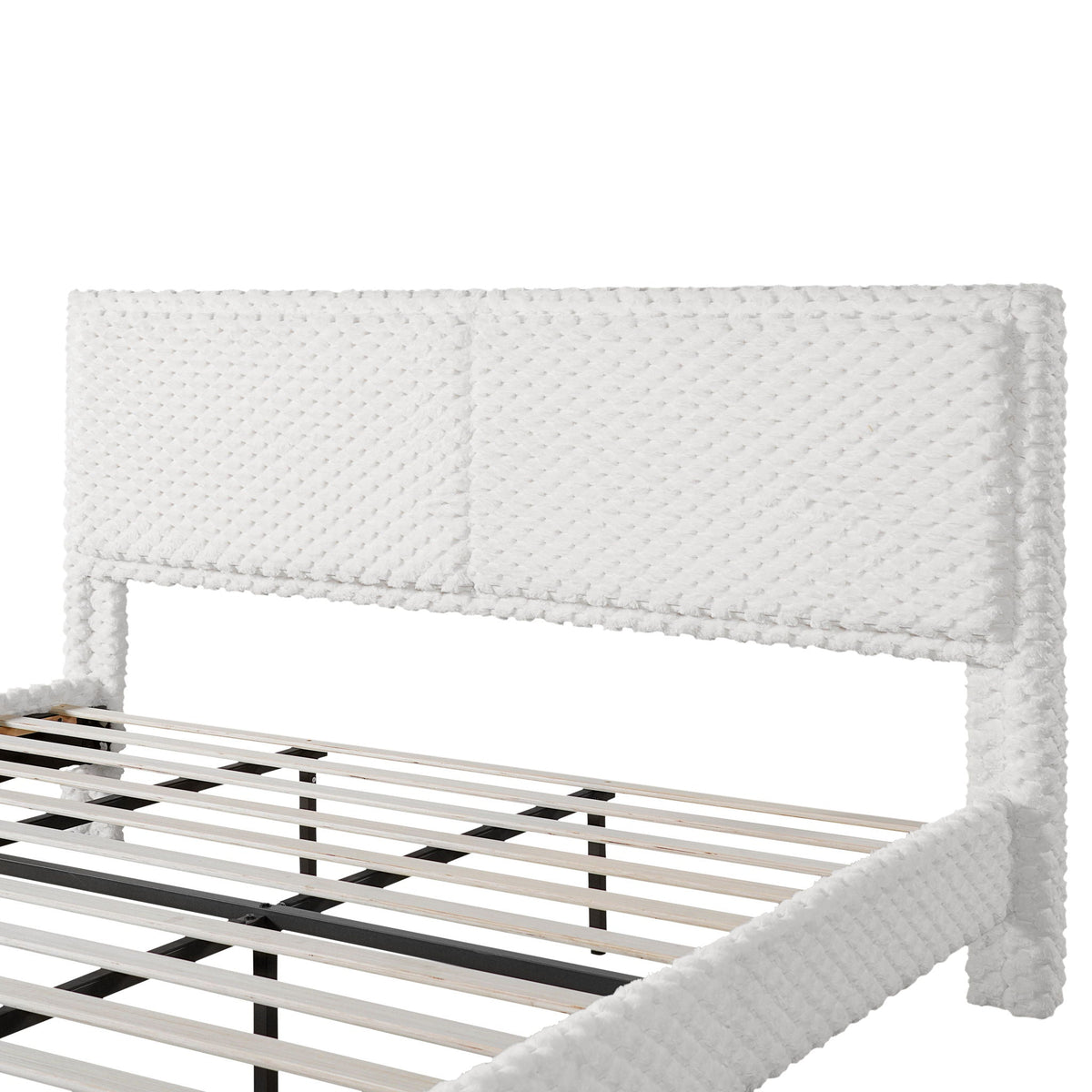 Soft bed backrest in white tufted upholstery for bedroom with a slatted bed frame on Tampa Home & Garden Store