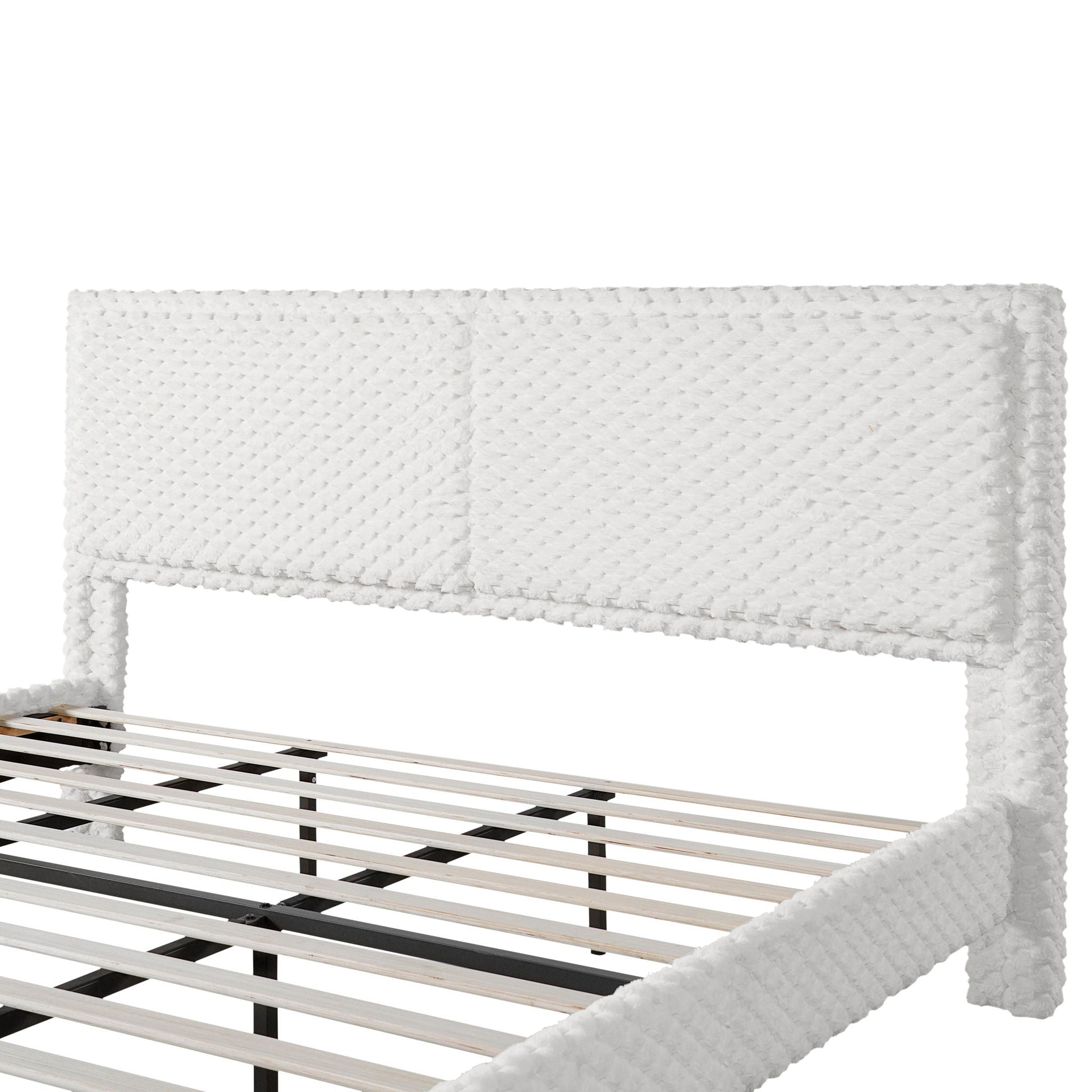 Soft bed backrest in white tufted upholstery for bedroom with a slatted bed frame on Tampa Home & Garden Store