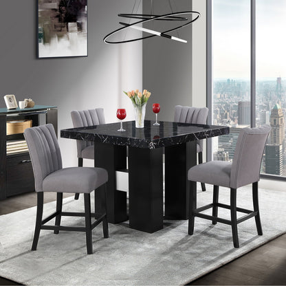 Faux Marble Bar Table and 4 Bar Stools Set, black top with grey upholstered stools, 5-piece set on Tampa Home & Garden Store