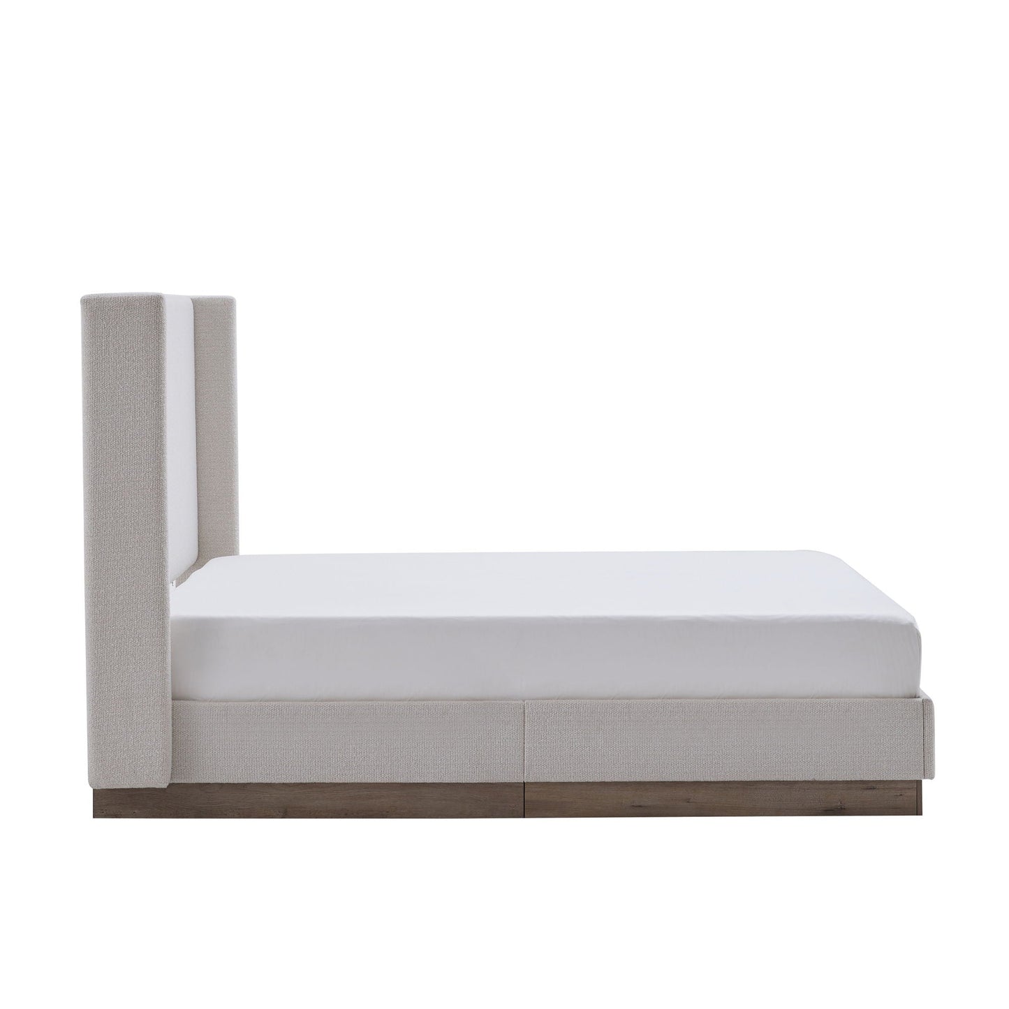 Hosford upholstered wingback bed with wood base platform in beige fabric by HouseOfZazla on Tampa Home & Garden Store