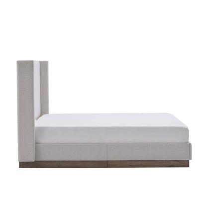 Hosford upholstered wingback bed with wood base platform in beige fabric by HouseOfZazla on Tampa Home & Garden Store