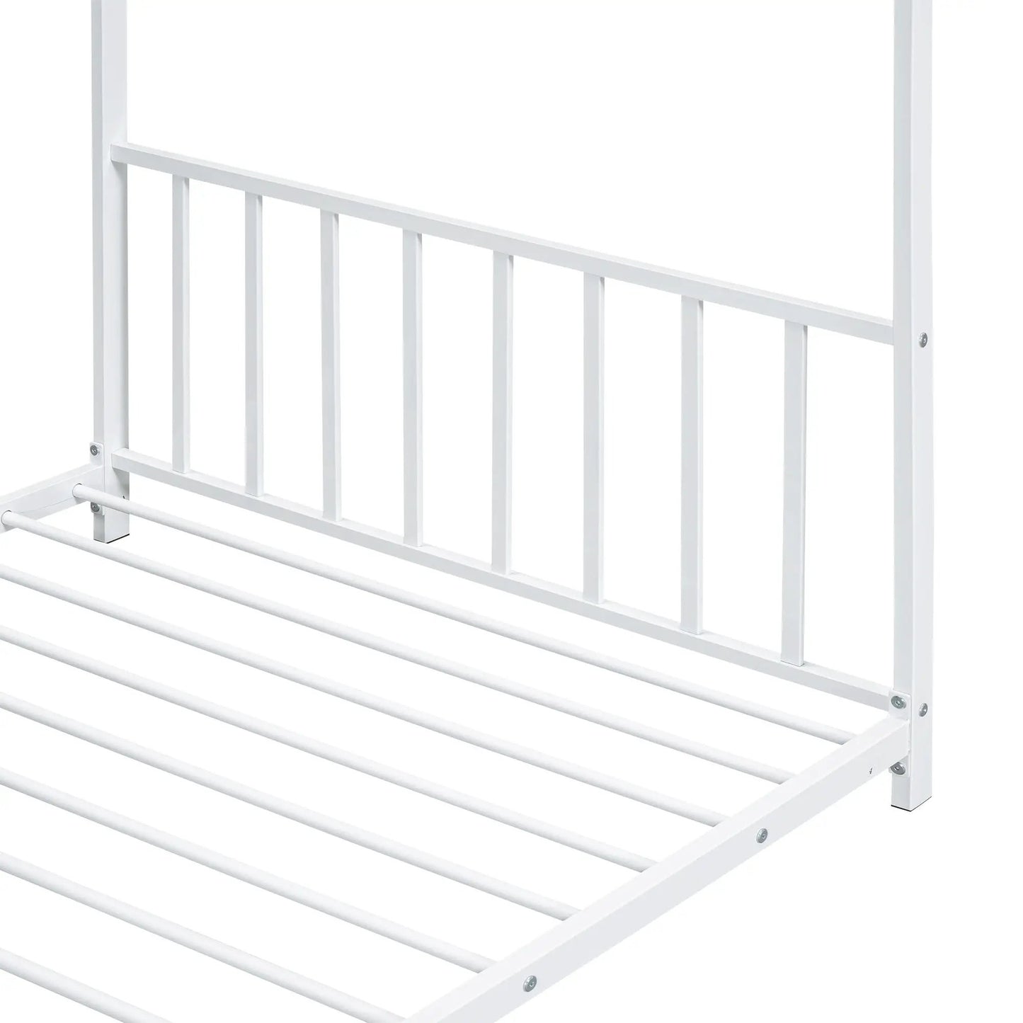 Metal house platform bed frame with white finish, canopy posts and vertical spindles on Tampa Home & Garden Store