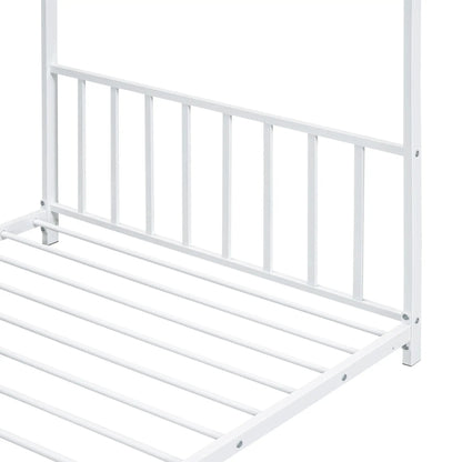 Metal house platform bed frame with white finish, canopy posts and vertical spindles on Tampa Home & Garden Store