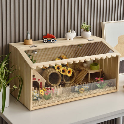 Winter Pet Feeding Incubator wooden bird cage with clear front and sunflowers decor on Tampa Home & Garden Store