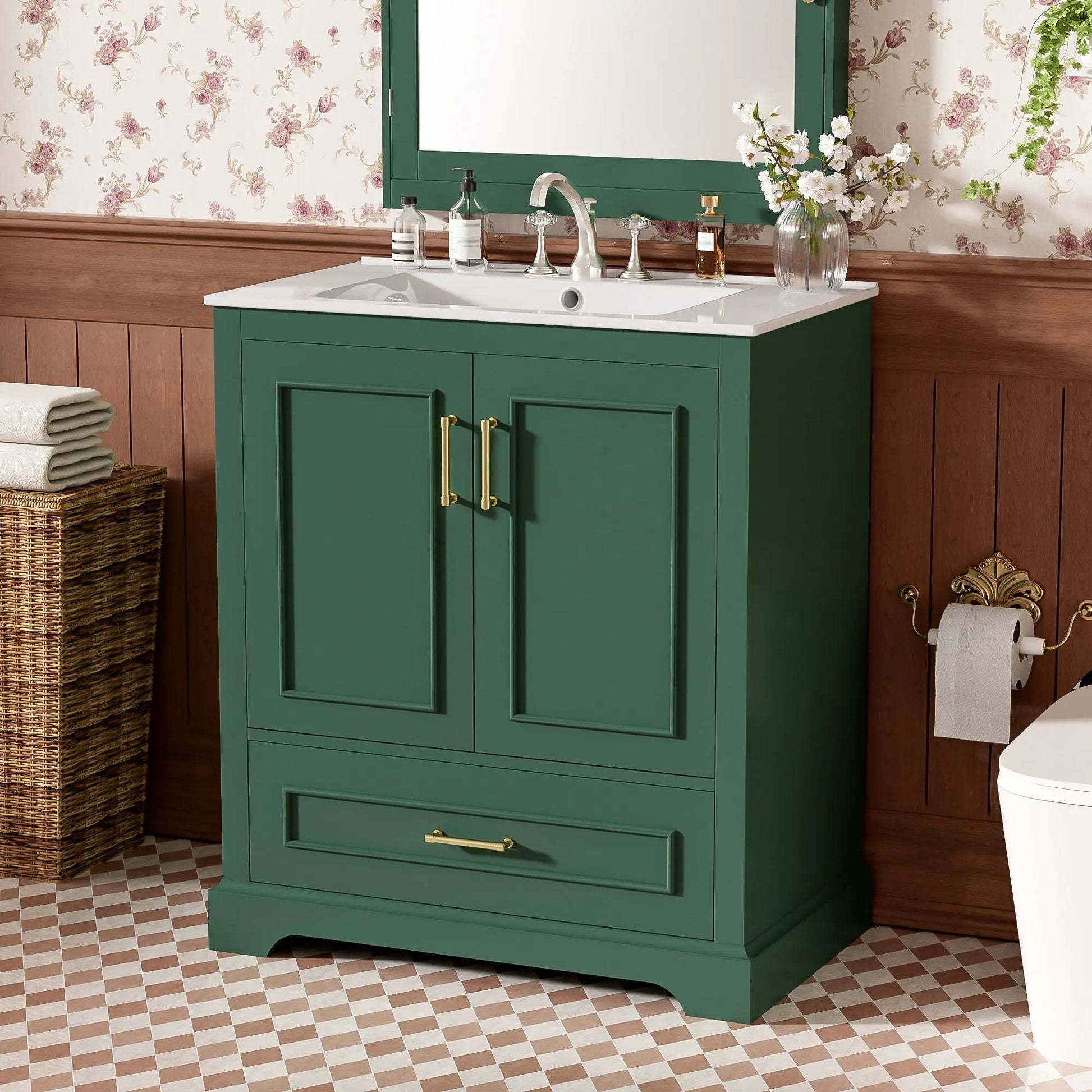 Green bathroom vanity with white sink countertop, two soft-close doors and a divided drawer on Tampa Home & Garden Store