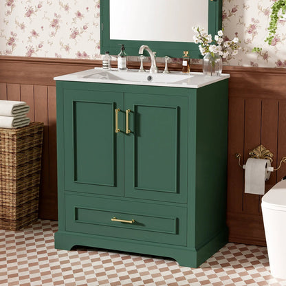 Green bathroom vanity with white sink countertop, two soft-close doors and a divided drawer on Tampa Home & Garden Store