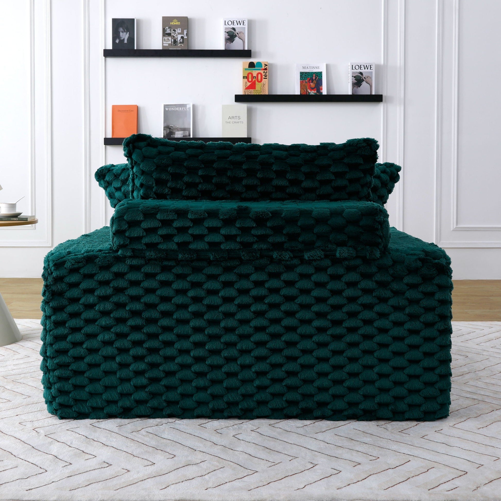 Comfort Bearing Sofa in green chunky-knit fabric, stationary sofa with textured surface on Tampa Home & Garden Store