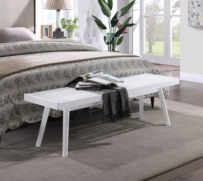 Larwich solid wood slatted bench, white finish at foot of bed in bright bedroom on Tampa Home & Garden Store