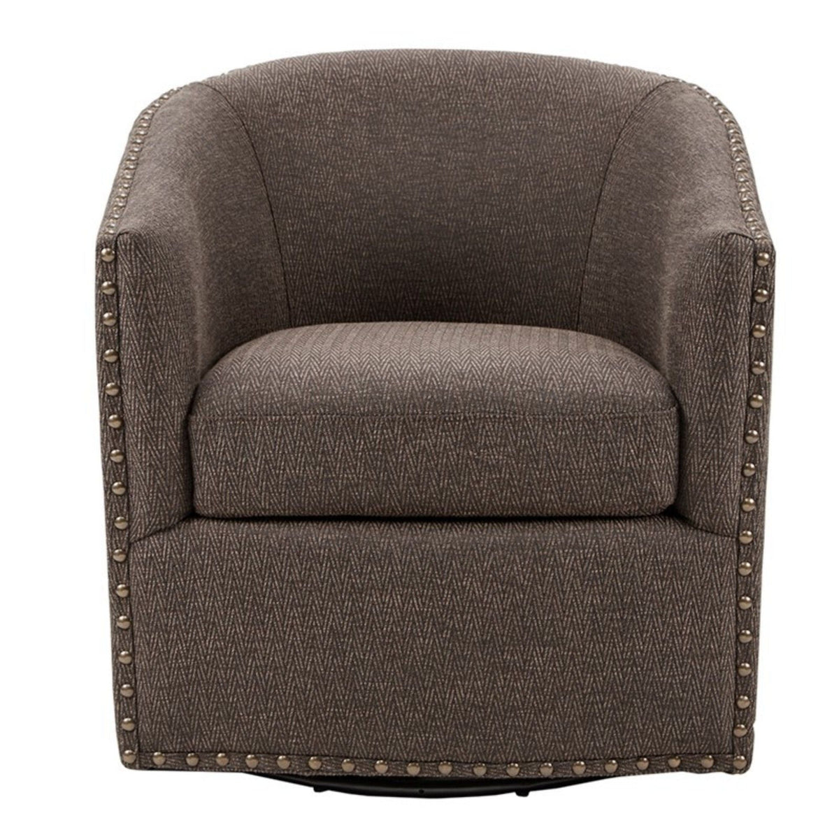 Luxurious swivel chair in brown patterned fabric with nailhead trim and studded arms on Tampa Home & Garden Store