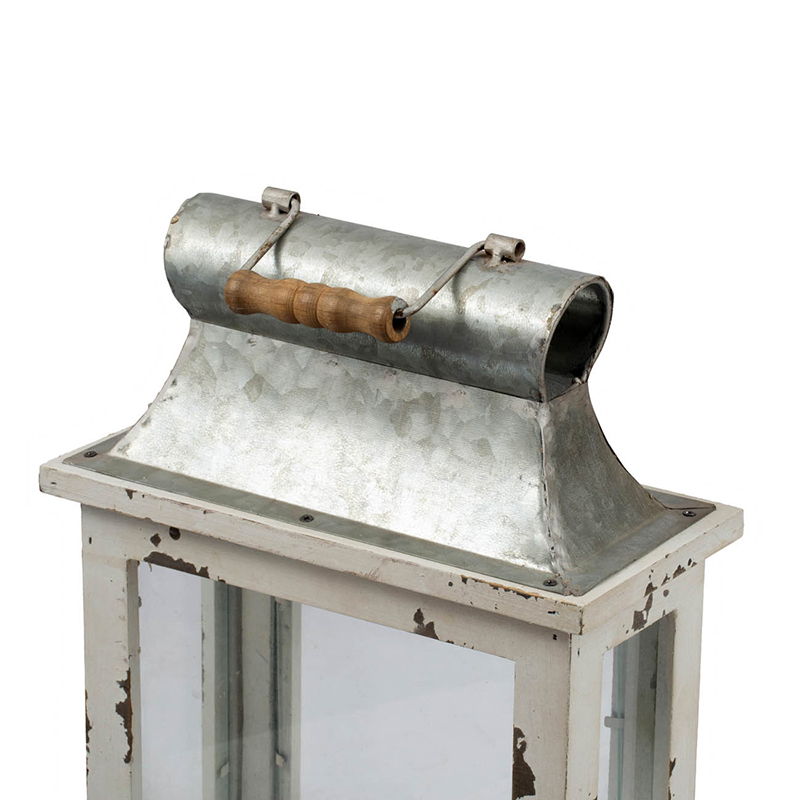 Wooden candle lantern with white finish, glass panels and galvanized top indoor outdoor use on Tampa Home & Garden Store