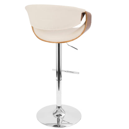 Mid Century Modern adjustable barstool with swivel, beige upholstered seat, wood accents and chrome pedestal base on Tampa Home & Garden Store