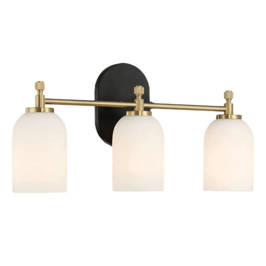 Meadows 3-light vanity wall light, black backplate with brass arms and white glass shades on Tampa Home & Garden Store