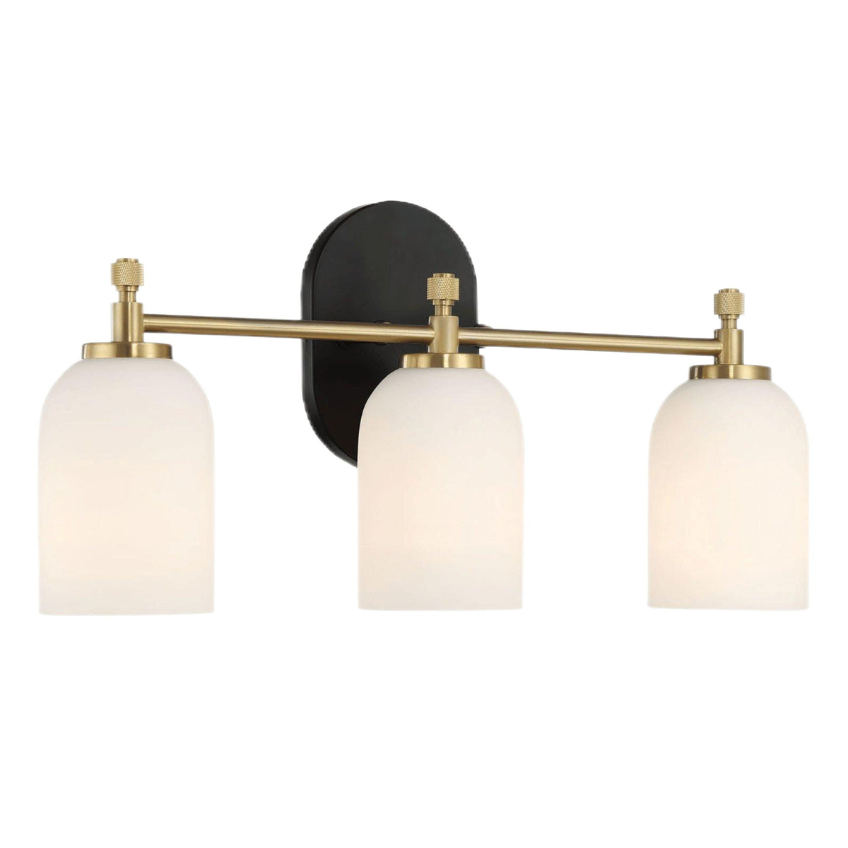 3-Light vanity wall light with white frosted glass shades black backplate and gold hardware on Tampa Home & Garden Store